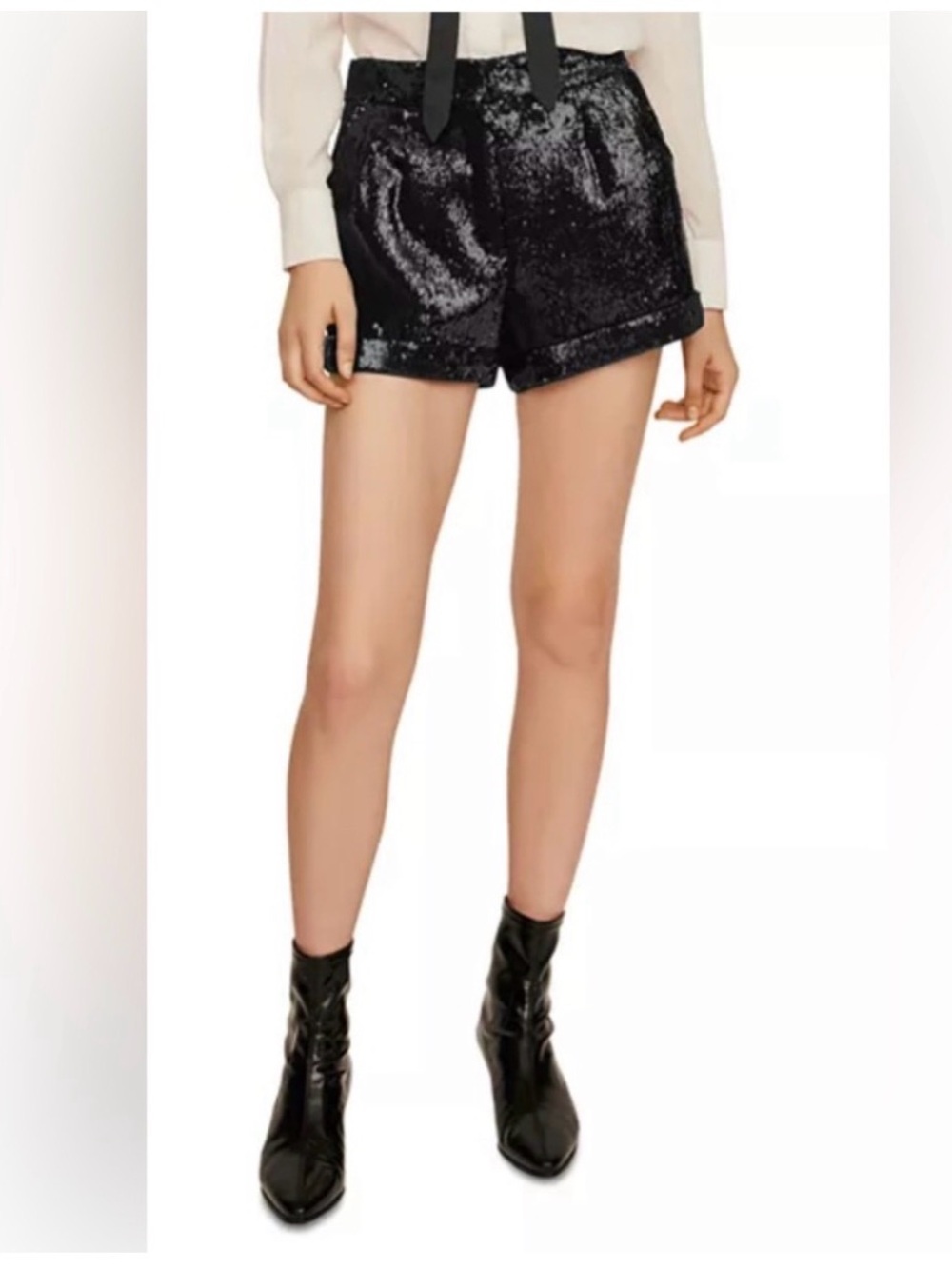 Maje Black Sequin High-Waist Cuffed Shorts